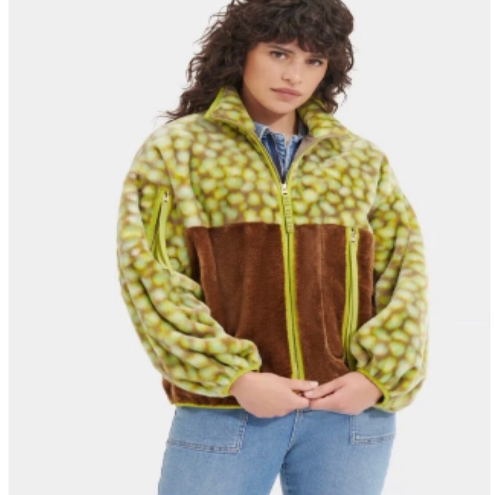 Ugg Marlene Checks Print Faux Fur Green and Brown Women's Jacket